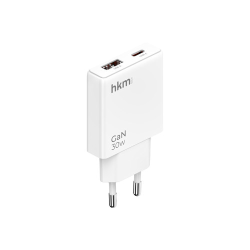 EXTRA SLIM GaN 30W USB-A ve Type-C Çift Portlu Hızlı Şarj Aleti, Ultra İnce Güç Adaptörü, Beyaz