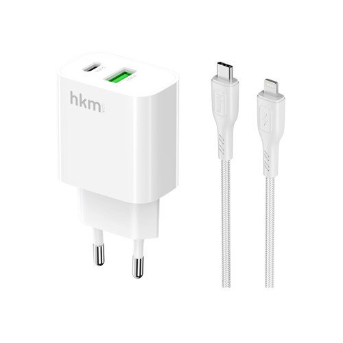 BOLT DUO 20W USB-A ve Type-C Çift Portlu Hızlı Şarj Aleti, Lightning Kablo ve Adaptör Seti, Beyaz