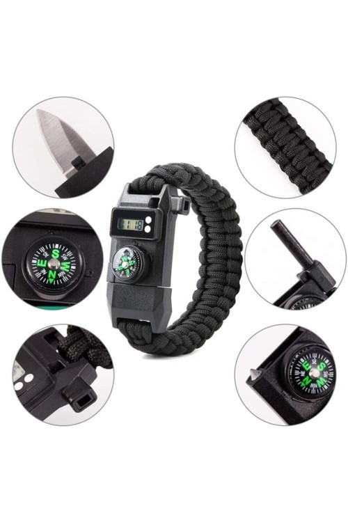 Dijital Saatli Pusula Düdük Cam Kırıcı Magnezyum Çubuklu Fonksiyonel Paracord Bileklik