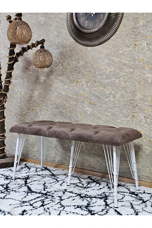 Metal Beyaz Tel Ayaklı 100 cm Puf Bench - Puf - Bench - Oturak - Mutfak Oturağı - Antre Oturağı Kahverengi Renk 100 x 40 Boyut/Ebat
