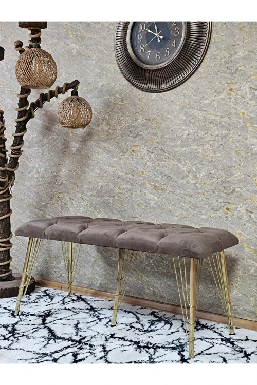 Metal Gold Tel Ayaklı 100 cm Puf Bench - Puf - Bench - Oturak - Mutfak Oturağı - Antre Oturağı Kahverengi Renk 100 x 40 Boyut/Ebat