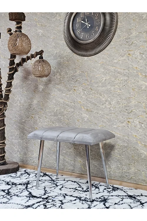 Krom Sivriltme Ayaklı 60 cm Puf Bench - Puf - Bench - Oturak - Mutfak Oturağı - Antre Oturağı Gri Renk 60 x 40 Boyut/Ebat