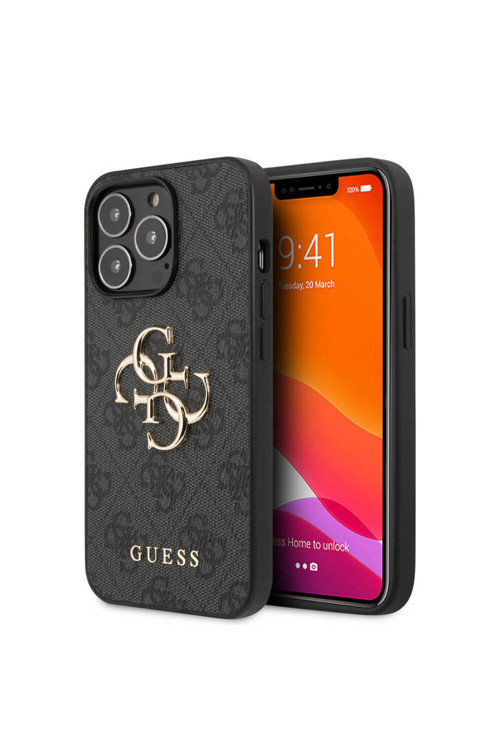 İphone 13 Pro Uyumlu Kılıf Lisanslı Pu Deri 4G Desen Metal Büyük 4G Ve Yazı Logolu Gri