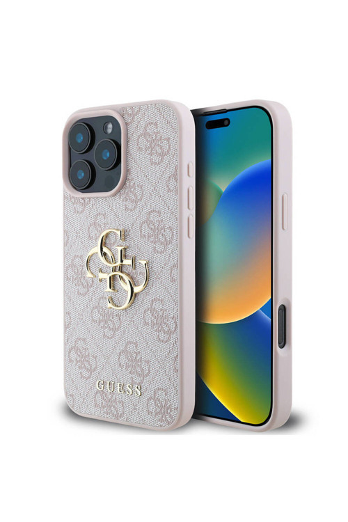İphone 16 Pro Uyumlu Kılıf Lisanslı Pu Deri 4G Desen Metal Büyük 4G Ve Yazı Logo Pembe