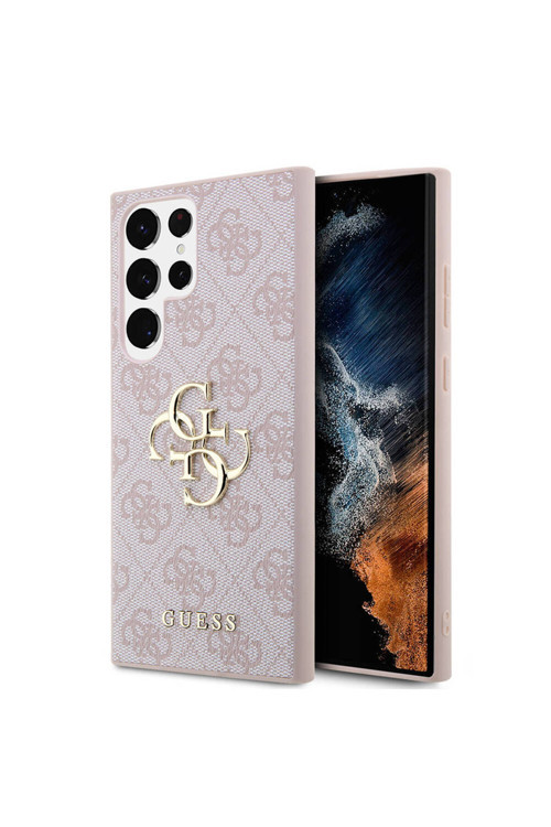 Galaxy S24 Ultra Uyumlu Kılıf Lisanslı Pu Deri Yazı Ve 4G Metal Logolu Desenli Kapak Pembe