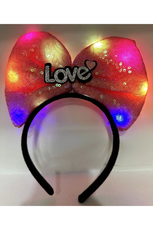 Led Işıklı 3 Farklı Fonksiyonda Yanan Gümüş Love Yazılı Fuşya Pembe Fiyonk Taç 20X17 Cm