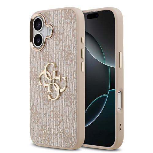 İphone 17 Kılıf Lisanslı Gold Metal Kamera Çerçeveli Metal Büyük 4G Yazı Logolu Kapak Pembe