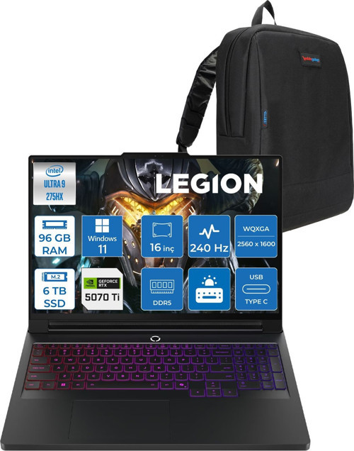 Legion Pro 7 Intel Core Ultra 9 275HX 96GB Ddr5 6tb SSD Windows 11 Home 12GB RTX5070TI 140W 16" Wqxga (2560X1600) OLED 500NITS 240HZ Taşınabilir Bilgisayar 83F5004QTRH55 + Zetta Çanta