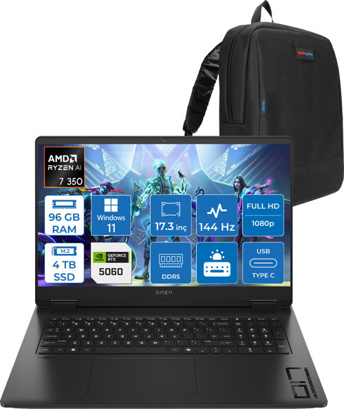 Omen 17-DB1015NT Amd Ryzen Aı 7 350 96GB Ddr5 4tb SSD RTX5060 8gb Gddr7 17.3 Inç Fullhd (1920 x 1080) 144Hz 7ms 300NITS IPS Windows 11 Home Taşınabilir Bilgisayar C2EZ5EAH46 + Zetta Çanta