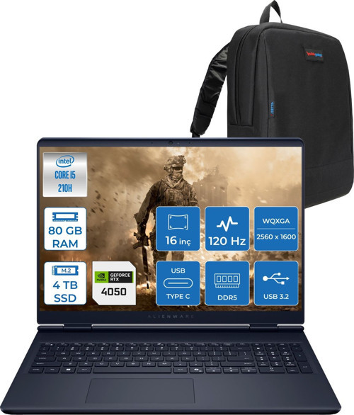 Alienware 16 Aurora Intel Core 5 210H 80GB Ddr5 4tb SSD RTX4050 6gb 85W Freedos 16" WQXGA(2560X1600) 120Hz 300NITS Taşınabilir Bilgisayar AC16250F35 + Zetta Çanta
