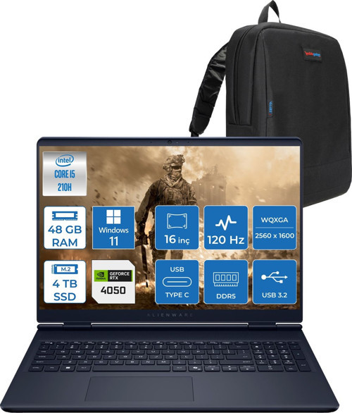 Alienware 16 Aurora Intel Core 5 210H 48GB Ddr5 4tb SSD RTX4050 6gb 85W Windows 11 Home 16" WQXGA(2560X1600) 120Hz 300NITS Taşınabilir Bilgisayar AC16250H25 + Zetta Çanta