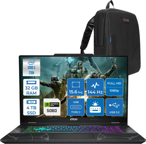 Cyborg 15 Intel Core 5 210H 32GB Ddr5 4tb SSD RTX5060 Gddr7 8gb Freedos 15.6" Fhd (1920X1080) 144HZ Taşınabilir Bilgisayar B2RWFKG207XTRF15 + Zetta Çanta