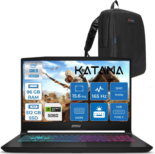 Katana 15 Hx Intel Core I9 14900HX 96GB Ddr5 512GB SSD Freedos RTX5060 8gb 115W 15.6" 2k QHD(2560X1440) 165Hz Taşınabilir Bilgisayar B14WFK450XTRF51 + Zetta Çanta