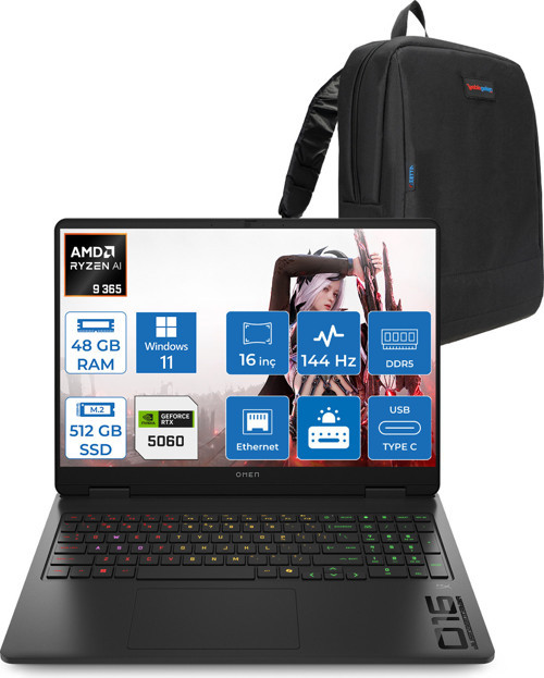 Omen 16-AP0020NT Amd Ryzen Aı 9 365 48GB Ddr5 512GB SSD RTX5060 8gb Gddr7 16 Inç Wuxga (1920 x 1200) 144Hz 300NITS IPS Windows 11 Home Taşınabilir Bilgisayar C12CPEAH25 + Zetta Çanta