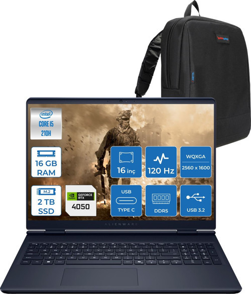 Alienware 16 Aurora Intel Core 5 210H 16GB Ddr5 2tb SSD RTX4050 6gb 85W Freedos 16" WQXGA(2560X1600) 120Hz 300NITS Taşınabilir Bilgisayar AC16250F04 + Zetta Çanta