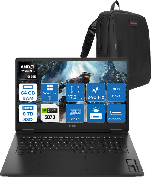 Omen 17-DB1000NT Amd Ryzen Aı 9 365 64GB Ddr5 8tb SSD 8GB-RTX5070 Windows 11 Pro 17.3" IPS 240HZ Qhd (2560 x 1440) 300NİT 3ms %100 Srgb Taşınabilir Bilgisayar BV7W3EAP36 + Zetta Çanta