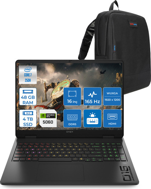 Omen Intel Core 7 250H Aı 48GB Ddr5 4tb SSD 8GB/RTX5060 Gddr7 16" 165 Hz, 3 Ms IPS 400 Nits IPS 2k (1920 x 1200 Freedos Taşınabilir Bilgisayar.BQ9A8EAF15+ZETTAÇANTA