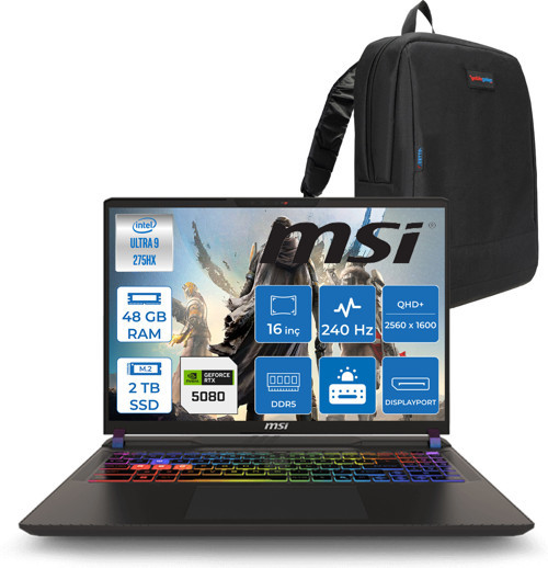 Vector 16 Intel Core Ultra 9 275HX 48GB 2tb SSD RTX5080 16GB Tdp 175W Gddr7 Freedos 16" Qhd+ 240Hz Taşınabilir Bilgisayar A2XWIG090XTRF23 + Zetta Çanta