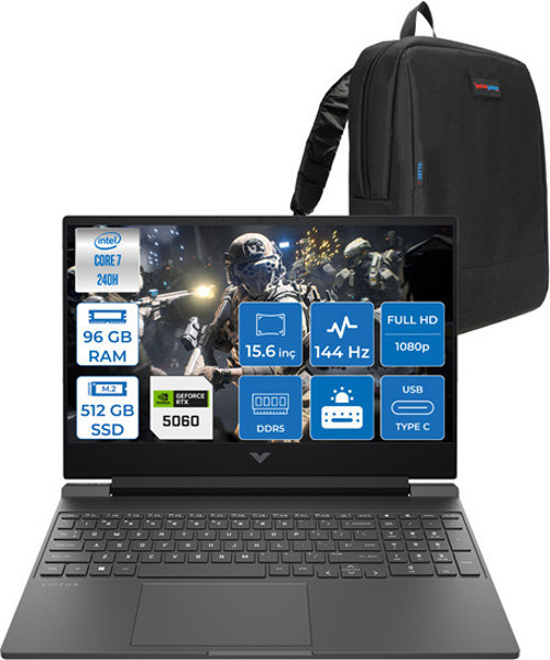 Victus Intel Core I7 240H 96GB Ddr5 512GB SSD 8GB/RTX5060 15.6" Fhd 144Hz IPS 62.5% Srgb Windows 11 Home Taşınabilir Bilgisayar BV7W9EAH21 + Zettaçanta