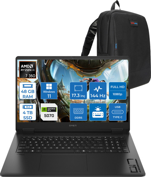 Omen Amd Ryzen™ Aı 7 350 48GB Ddr5 4tb SSD 8GB/RTX5070 Gddr7 17.3 Fhd 144Hz 300NITS IPS 7ms Windows 11 Pro Taşınabilir Bilgisayar.BQ1Q1EAP15+ZETTAÇANTA