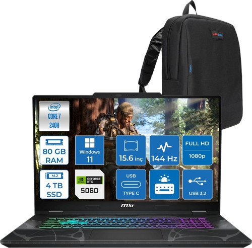 Cyborg 15 Intel Core 7 240H 80GB Ddr5 4tb SSD RTX5060 Gddr7 8gb Windows 11 Home 15.6" Fhd (1920X1080) 144HZ Taşınabilir Bilgisayar B2RWFKG208XTRH35 + Zetta Çanta
