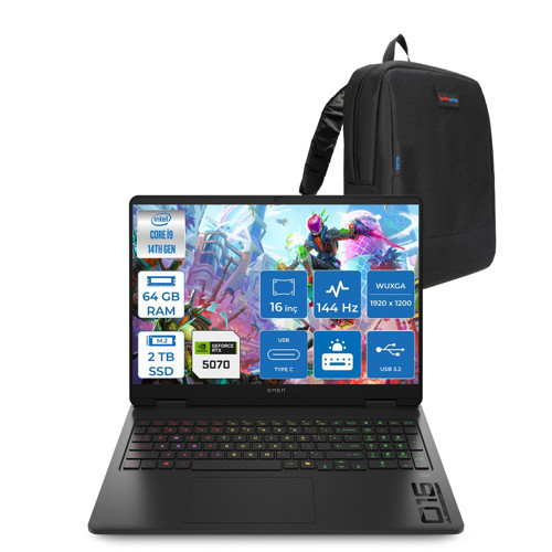 Omen 16-AM0031NT Intel Core I9 14900HX 64GB Ddr5 2tb SSD RTX5070 8gb Gddr7 Freedos 16 Inç Wuxga (1920X1200) 144Hz 300NITS IPS Taşınabilir Bilgisayar C39J4EAF33 + Zetta Çanta