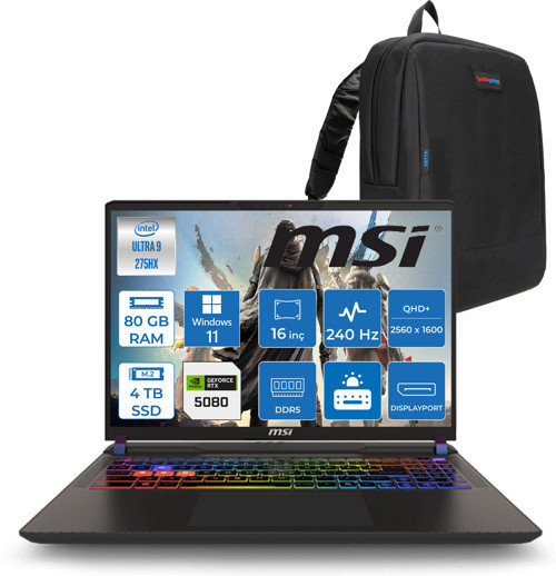 Vector 16 Intel Core Ultra 9 275HX 80GB 4tb SSD RTX5080 16GB Tdp 175W Gddr7 Windows 11 Pro 16" Qhd+ 240Hz Taşınabilir Bilgisayar A2XWIG090XTRP34 + Zetta Çanta