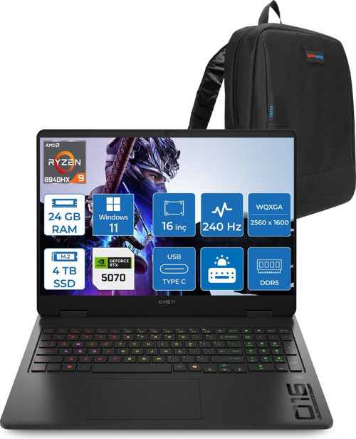Omen 16-AP0014NT Amd Ryzen 9 8940HX 24GB Ddr5 4tb SSD RTX5070 8gb Gddr7 16 Inç Wqxga (2560 x 1600) 240Hz 500NITS IPS Windows 11 Home Taşınabilir Bilgisayar C12CJEAH10 + Zetta Çanta
