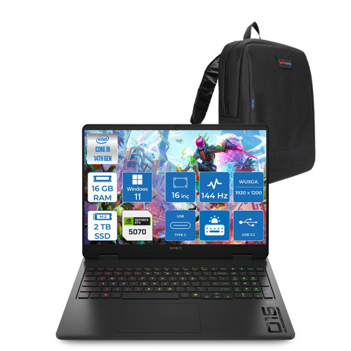Omen 16-AM0031NT Intel Core I9 14900HX 16GB Ddr5 2tb SSD RTX5070 8gb Gddr7 Windows 11 Home 16 Inç Wuxga (1920X1200) 144Hz 300NITS IPS Taşınabilir Bilgisayar C39J4EAH03 + Zetta Çanta