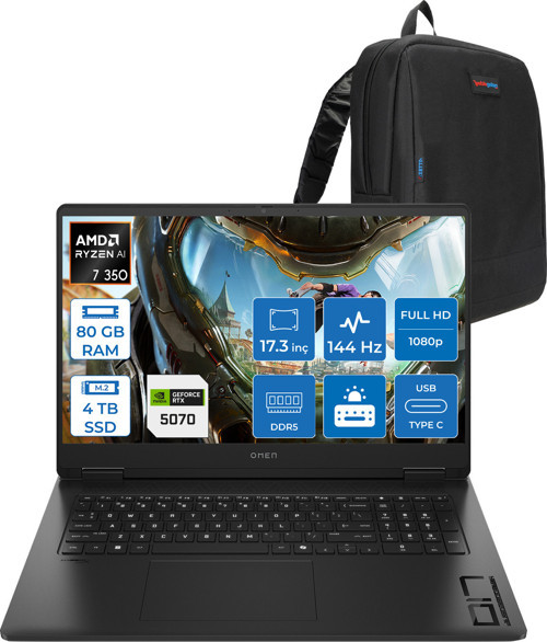 Omen Amd Ryzen™ Aı 7 350 80GB Ddr5 4tb SSD 8GB/RTX5070 Gddr7 17.3 Fhd 144Hz 300NITS IPS 7ms Freedos Taşınabilir Bilgisayar.BQ1Q1EAF25+ZETTAÇANTA