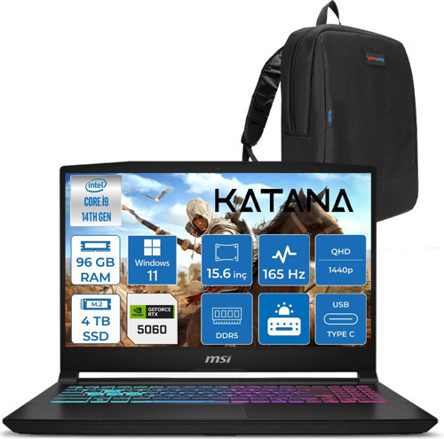 Katana 15 Hx Intel Core I9 14900HX 96GB Ddr5 4tb SSD Windows 11 Home RTX5060 8gb 115W 15.6" 2k QHD(2560X1440) 165Hz Taşınabilir Bilgisayar B14WFK450XTRH54 + Zetta Çanta