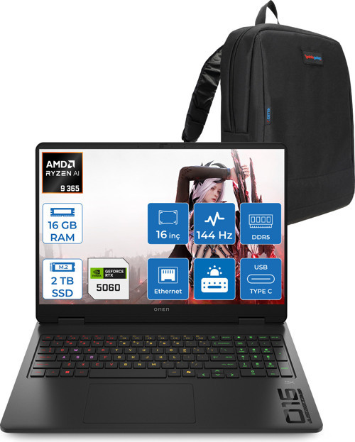 Omen 16-AP0020NT Amd Ryzen Aı 9 365 16GB Ddr5 2tb SSD RTX5060 8gb Gddr7 16 Inç Wuxga (1920 x 1200) 144Hz 300NITS IPS Freedos Taşınabilir Bilgisayar C12CPEAF03 + Zetta Çanta