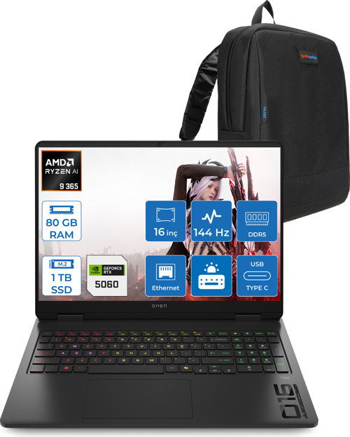 Omen 16-AP0020NT Amd Ryzen Aı 9 365 80GB Ddr5 1tb SSD RTX5060 8gb Gddr7 16 Inç Wuxga (1920 x 1200) 144Hz 300NITS IPS Freedos Taşınabilir Bilgisayar C12CPEAF38 + Zetta Çanta