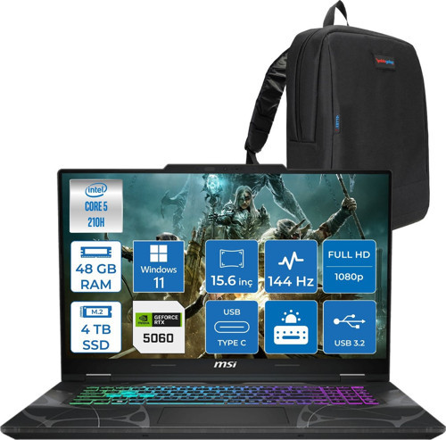 Cyborg 15 Intel Core 5 210H 48GB Ddr5 4tb SSD RTX5060 Gddr7 8gb Windows 11 Home 15.6" Fhd (1920X1080) 144HZ Taşınabilir Bilgisayar B2RWFKG207XTRH25 + Zetta Çanta