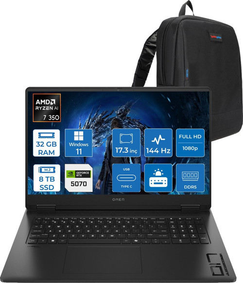 Omen 17-DB1005NT Amd Ryzen Aı 7 350 32GB Ddr5 8tb SSD RTX5070 8gb Gddr7 17.3 Inç Fullhd (1920 x 1080) 144Hz 7ms 300NITS IPS Windows 11 Home Taşınabilir Bilgisayar C67G2EAH18 + Zetta Çanta