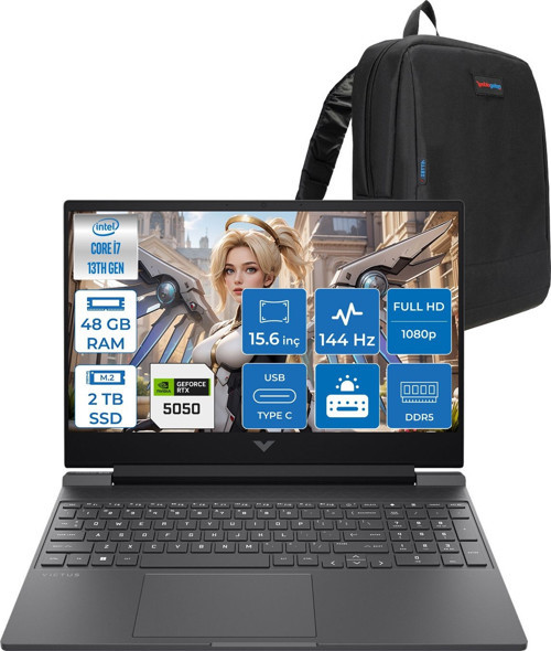 Victus 15-WFA2036NT Intel Core I7 13620H 48GB 2tb SSD 8gb RTX5050 Freedos 15.6" Fullhd 144Hz 300NITS IPS Taşınabilir Bilgisayar C52QWEAF24 + Zetta Çanta