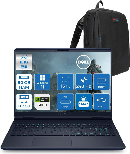 Alienware 16X Aurora Core Ultra 7 255HX Aı 80GB 4tb+4tb SSD 8GB/RTX5060 Gddr7 115W 16" Wqxga 240Hz 500 Nits Windows 11 Pro Taşınabilir Bilgisayar ZAC16251P40+ZETTAÇANTA