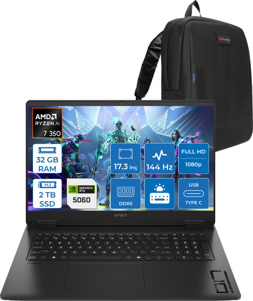 Omen 17-DB1015NT Amd Ryzen Aı 7 350 32GB Ddr5 2tb SSD RTX5060 8gb Gddr7 17.3 Inç Fullhd (1920 x 1080) 144Hz 7ms 300NITS IPS Freedos Taşınabilir Bilgisayar C2EZ5EAF15 + Zetta Çanta