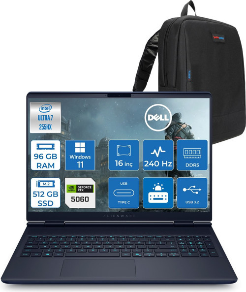 Alienware 16X Aurora Core Ultra 7 255HX Aı 96GB 512GB SSD 8GB/RTX5060 Gddr7 115W 16" Wqxga 240Hz 500 Nits Windows 11 Home Taşınabilir Bilgisayar ZAC16251H41+ZETTAÇANTA