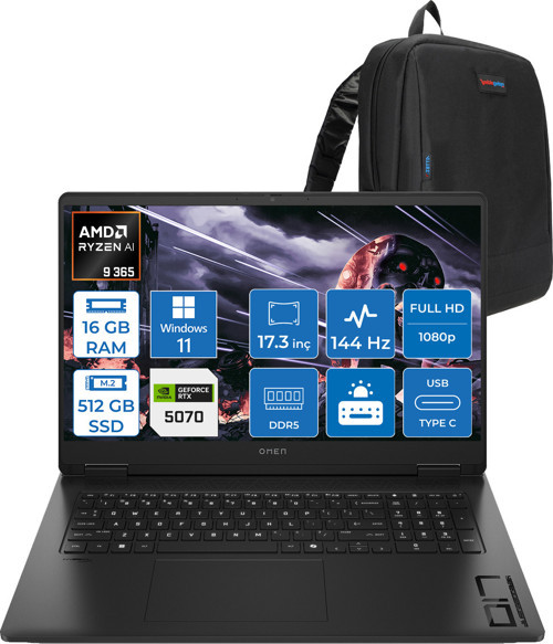 Omen 17-DB1003NT Amd Ryzen Aı 9 365 16GB Ddr5 512GB SSD RTX5070 8gb Gddr7 17.3 Inç Fullhd (1920 x 1080) 144Hz 7ms 300NITS IPS Windows 11 Home Taşınabilir Bilgisayar C67G1EAH01 + Zetta Çanta