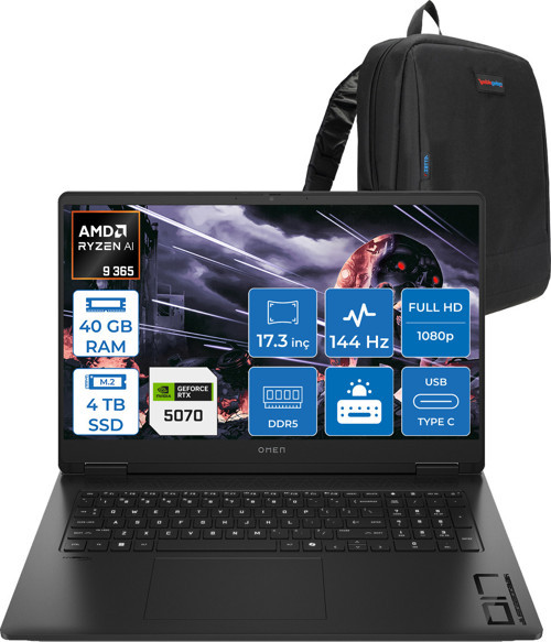 Omen 17-DB1003NT Amd Ryzen Aı 9 365 40GB Ddr5 4tb SSD RTX5070 8gb Gddr7 17.3 Inç Fullhd (1920 x 1080) 144Hz 7ms 300NITS IPS Freedos Taşınabilir Bilgisayar C67G1EAF22 + Zetta Çanta