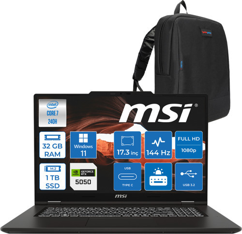 Venturepro 17 Venturepro A2RWEG-027XTR Aı 2.nesil Core 7 240H 32GB Ddr5 1tb SSD 8GB/RTX5050 Gddr7 45W 17.3" Fhd 144HZ IPS WIN11HOME Gaming BILG.Z027XTRH08+ZETTAÇANTA