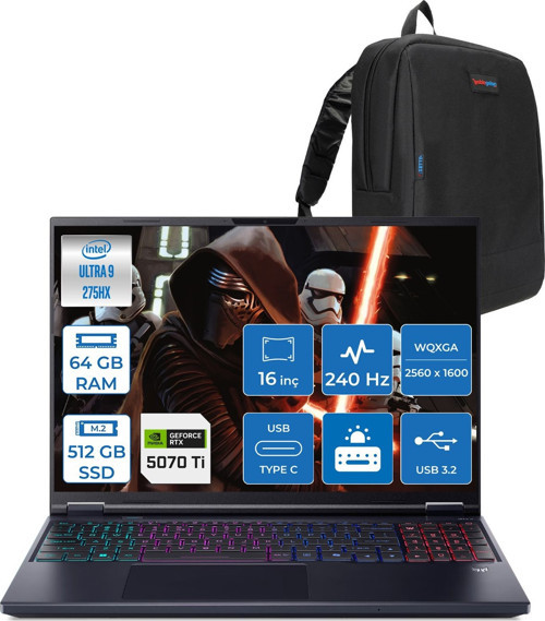Predator Helıos Neo 16 Aı Core™ Ultra 9 275HX 64GB Ddr5 512GB SSD 12GB/RTX5070Tİ/170W Gddr7 16inç Qhd+ 2560 x 1600 240Hz IPS Freedos Gaming BILG.NHQX2EY002F17+ZETTAÇANTA