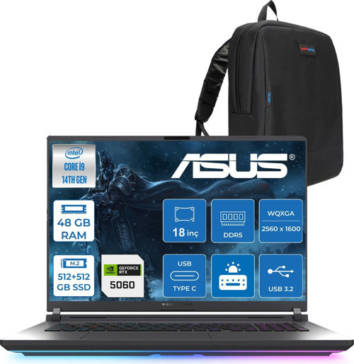 Rog Strix G18 G815JMR Intel Core I9 14900HX 48GB 512GB SSD+512GB SSD 8GB/RTX5060 115W Gddr7 18" 2.5k (2560 x 1600, Wqxga) 240Hz 3ms Freedos Taşınabilir Bilgisayar ZS9035F18+ZETTAÇANTA