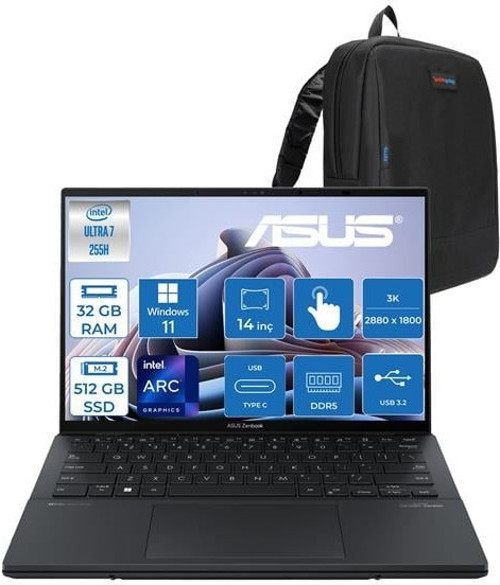 Zenbook Duo Intel Core Ultra 7 255H 32GB Ddr5 512GB SSD Intel Arc Graphics WIN11PRO 14" 3k OLED 120Hz 500NITS Dokunmatik Taşınabilir Bilgisayar UX8406CAP01 + Zettaçanta