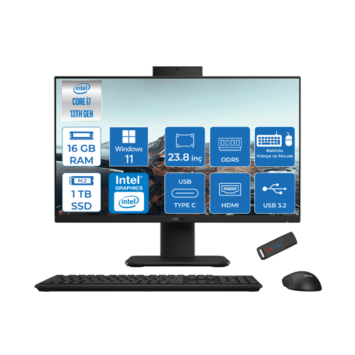 V440VAK Intel Core İ7-13620H 16GB Ddr5 1tb SSD 23.8" Fhd 100HZ 250NITS WIN11PROSIYAH Allınone Bilgisayar BI716512B0DP03+ZETTAUSBBELLEK