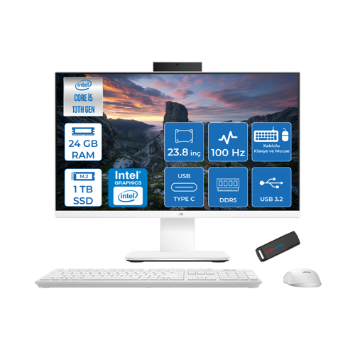 V440VAK Intel Core İ5-13420H 24GB Ddr5 1tb SSD 23.8" Fhd 100HZ 250NITS Freedos Beyaz Allınone Bilgisayar BSI58512W0DF08+ZETTAUSBBELLEK