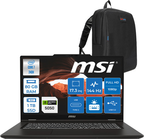 Venturepro 17 Venturepro A2RWEG-027XTR Aı 2.nesil Core 7 240H 80GB Ddr5 1tb SSD 8GB/RTX5050 Gddr7 45W 17.3" Fhd 144HZ IPS Freedos Gaming BILG.Z027XTRF23+ZETTAÇANTA