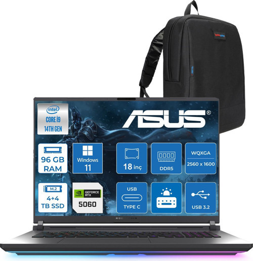 Rog Strix G18 G815JMR Intel Core I9 14900HX 96GB 4tb SSD +4tb SSD 8GB/RTX5060 115W Gddr7 18" 2.5k (2560 x 1600, Wqxga) 240Hz 3ms Windows 11 Home Taşınabilir Bilgisayar ZS9035H48+ZETTAÇANTA