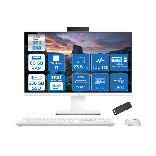V440VAK Intel Core İ5-13420H 80GB Ddr5 256GB SSD 23.8" Fhd 100HZ 250NITS WIN11HOMEBEYAZ Allınone Bilgisayar BSI58512W0DH31+ZETTAUSBBELLEK